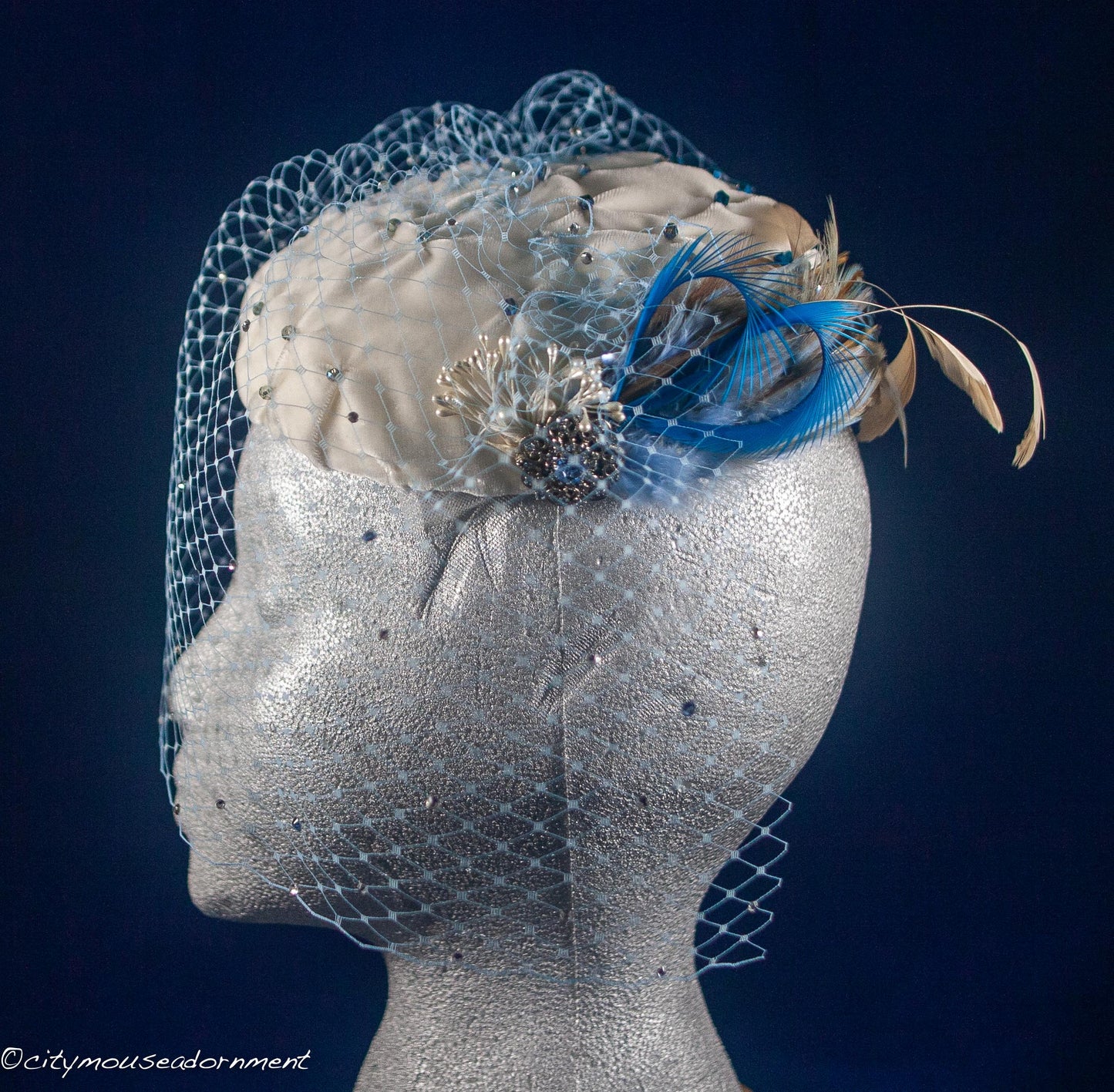 Velvet Blues -Ivory and Blue Pillbox hat with net veil