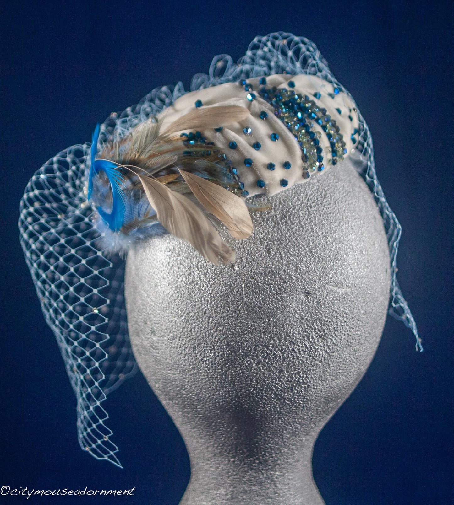 Velvet Blues -Ivory and Blue Pillbox hat with net veil