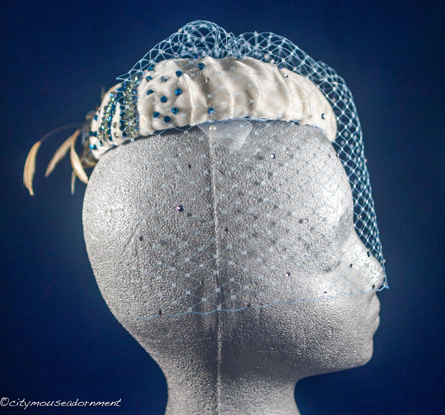 Velvet Blues -Ivory and Blue Pillbox hat with net veil