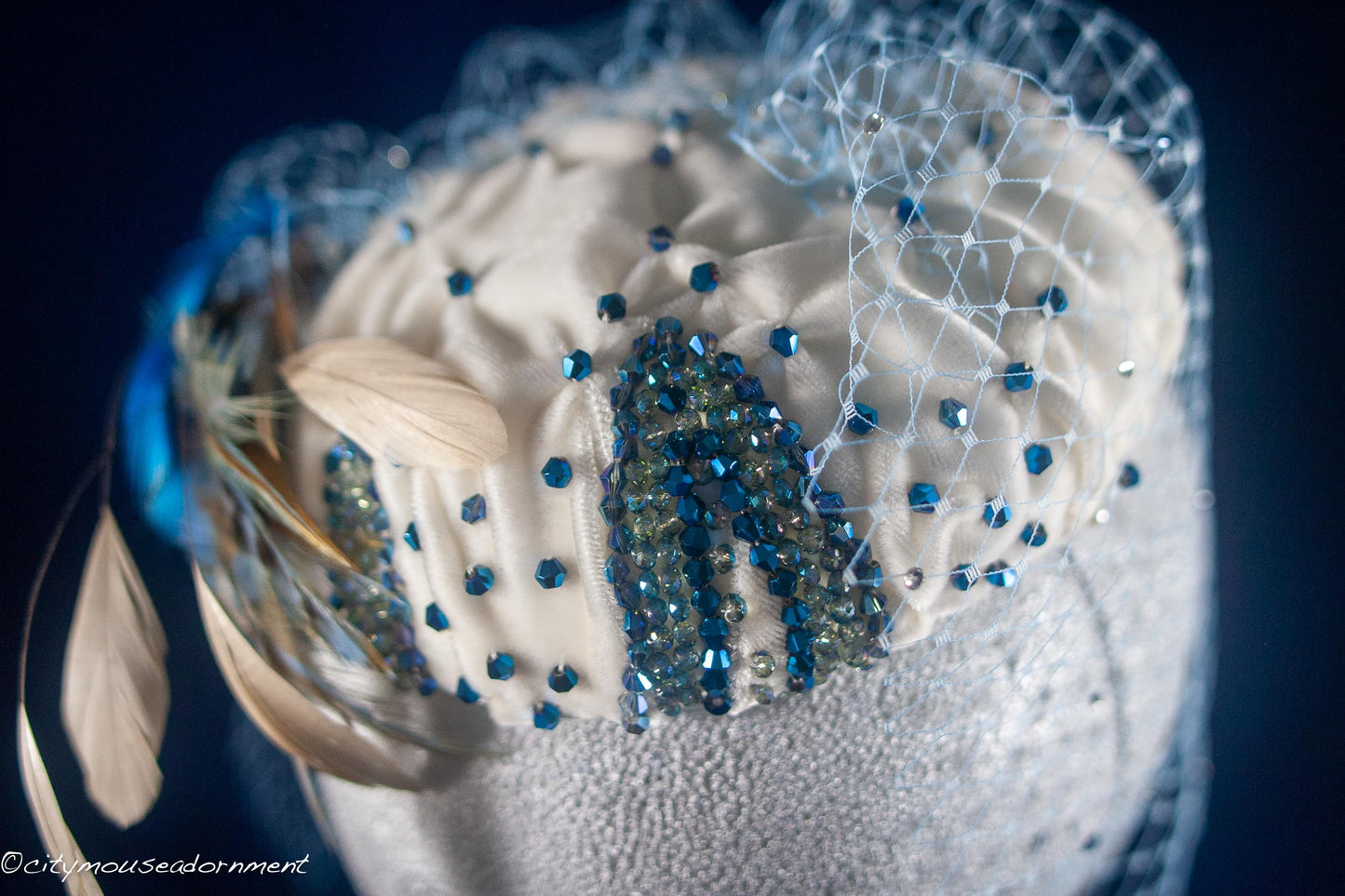 Velvet Blues -Ivory and Blue Pillbox hat with net veil