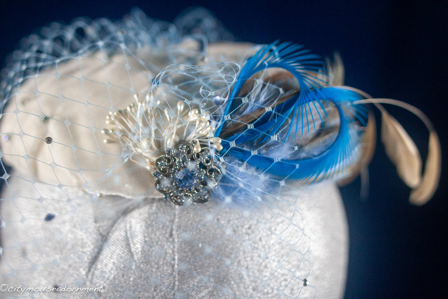 Velvet Blues -Ivory and Blue Pillbox hat with net veil