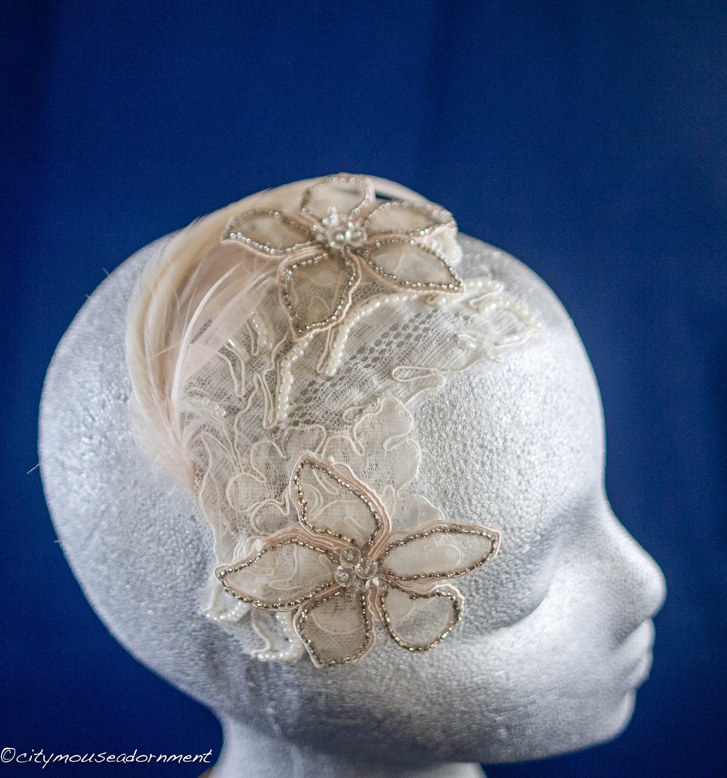 Cream Organza Flowers on Lace Bridal Clip