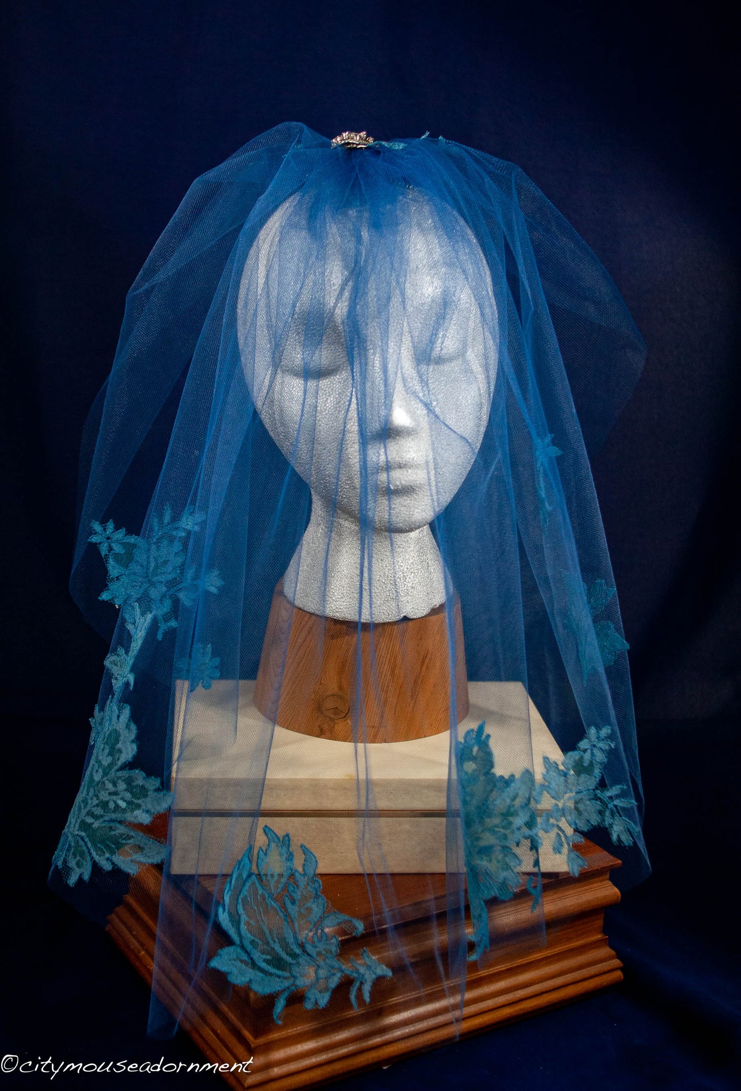 Blue Tulle and French Lace Shoulder Length Veil II
