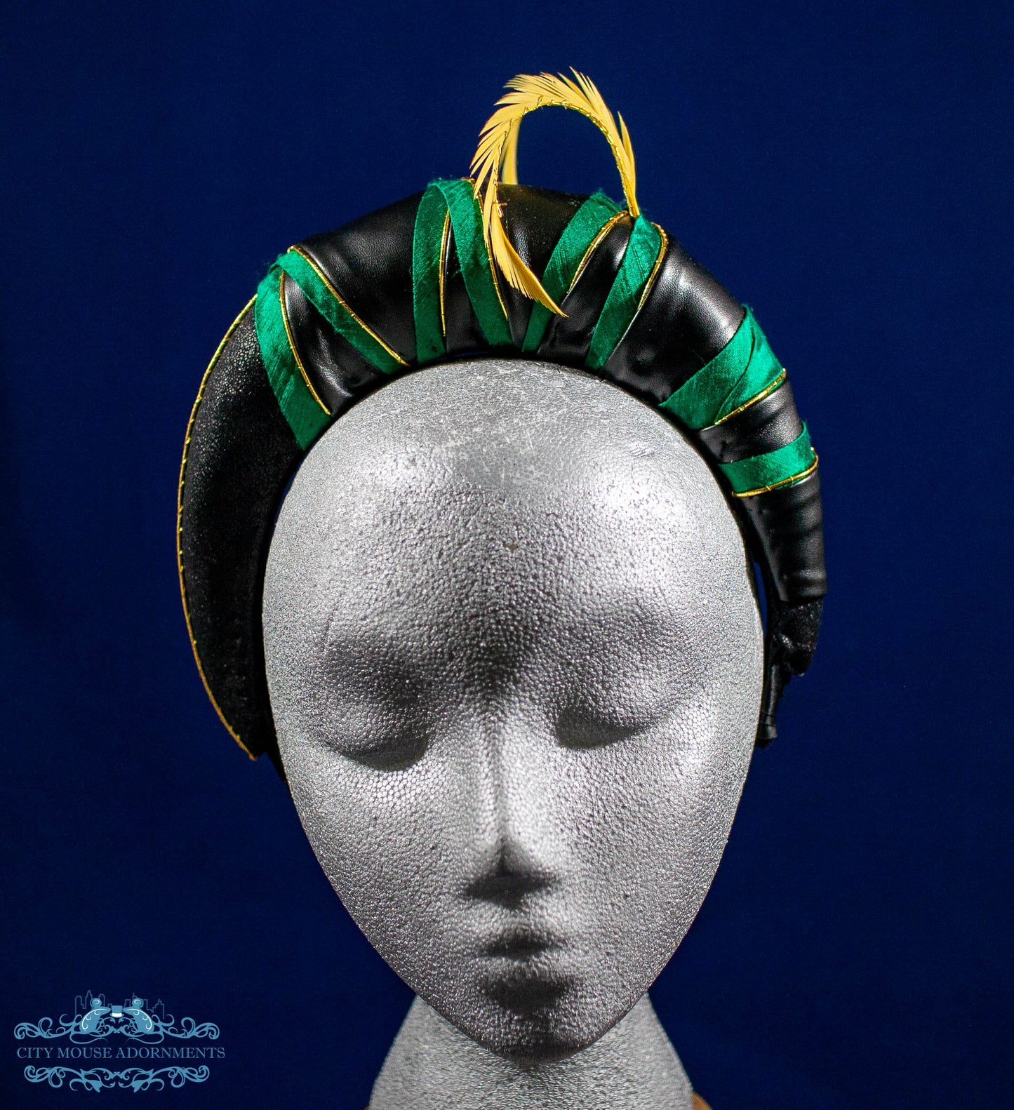Mischievous Faux Leather, Green Silk and Gold Headband