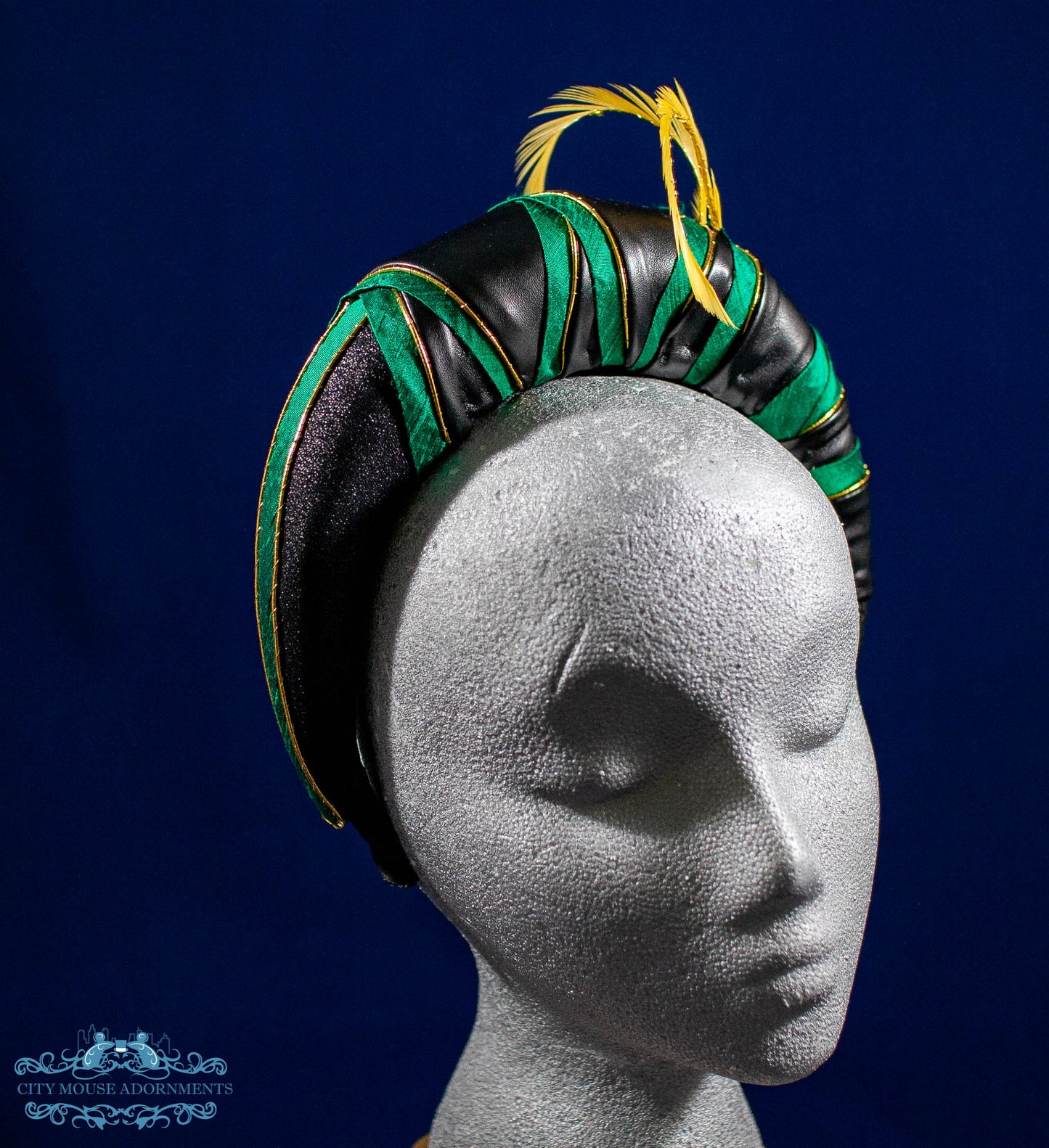 Mischievous Faux Leather, Green Silk and Gold Headband