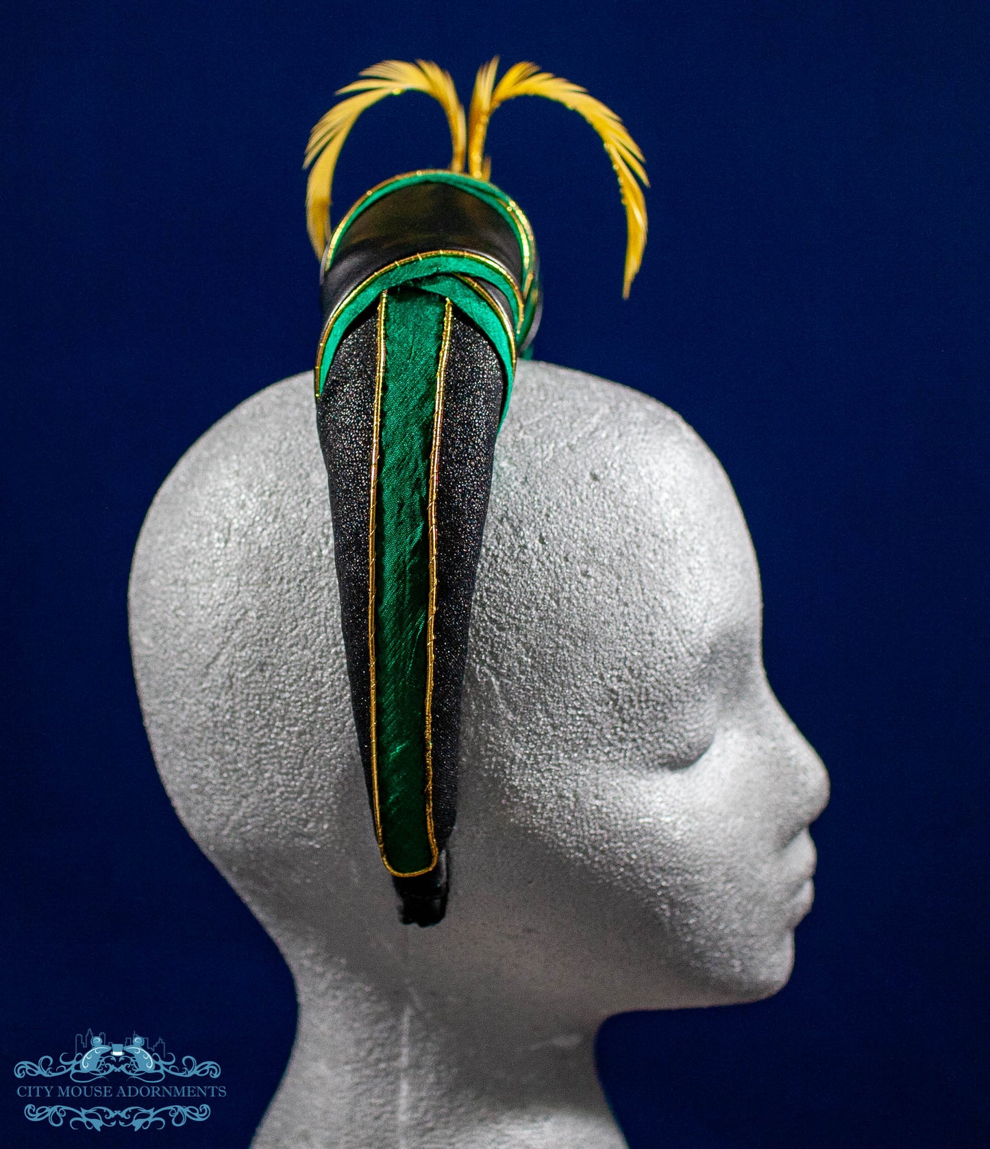 Mischievous Faux Leather, Green Silk and Gold Headband