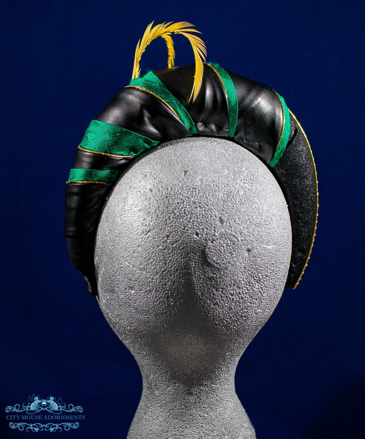 Mischievous Faux Leather, Green Silk and Gold Headband